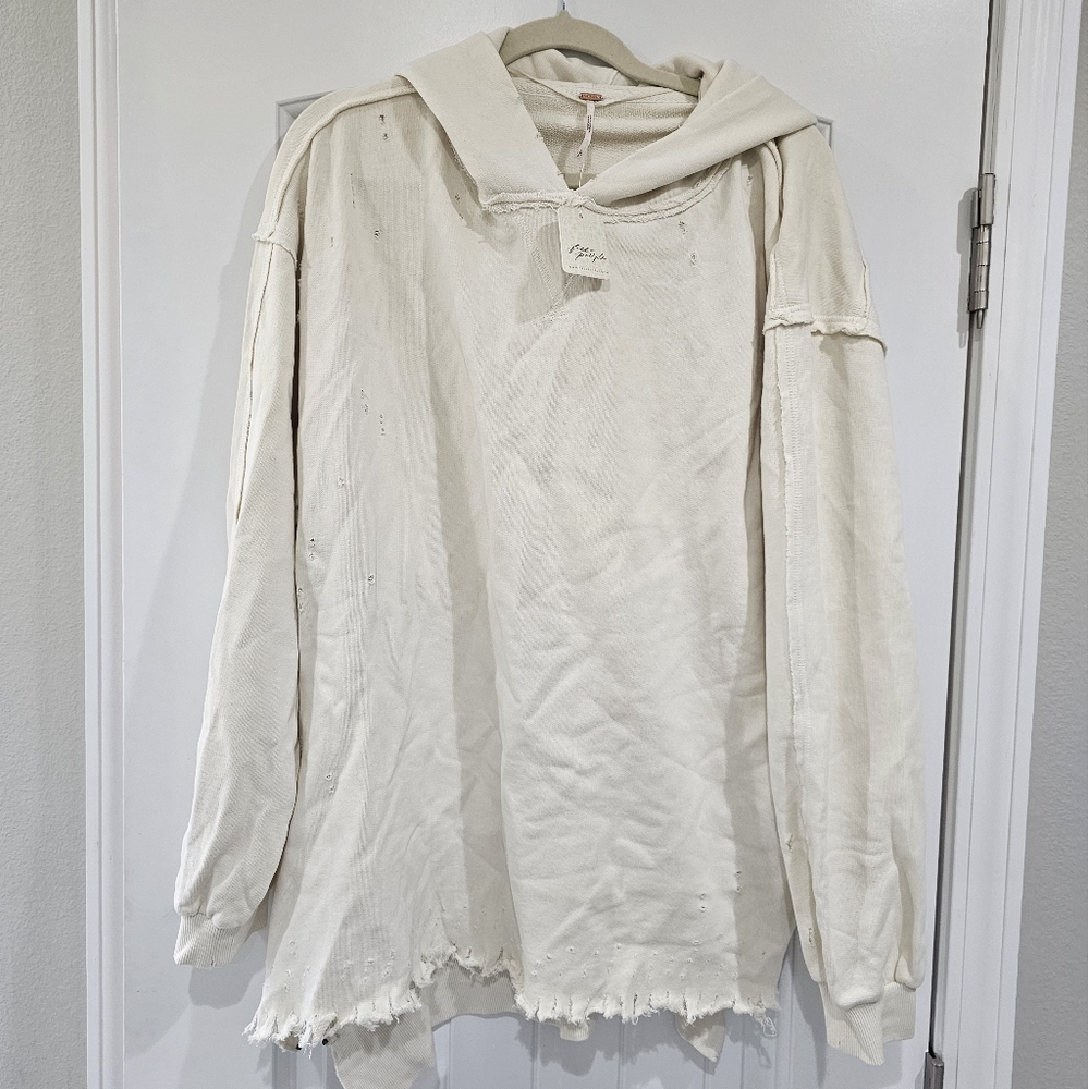 Free People Ivory Distressed Zipper Sweater Hoodie Size Small